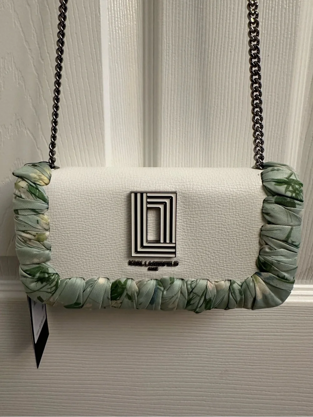 Karl Lagerfeld White Leather Crossbody with Mint Green Floral Trim